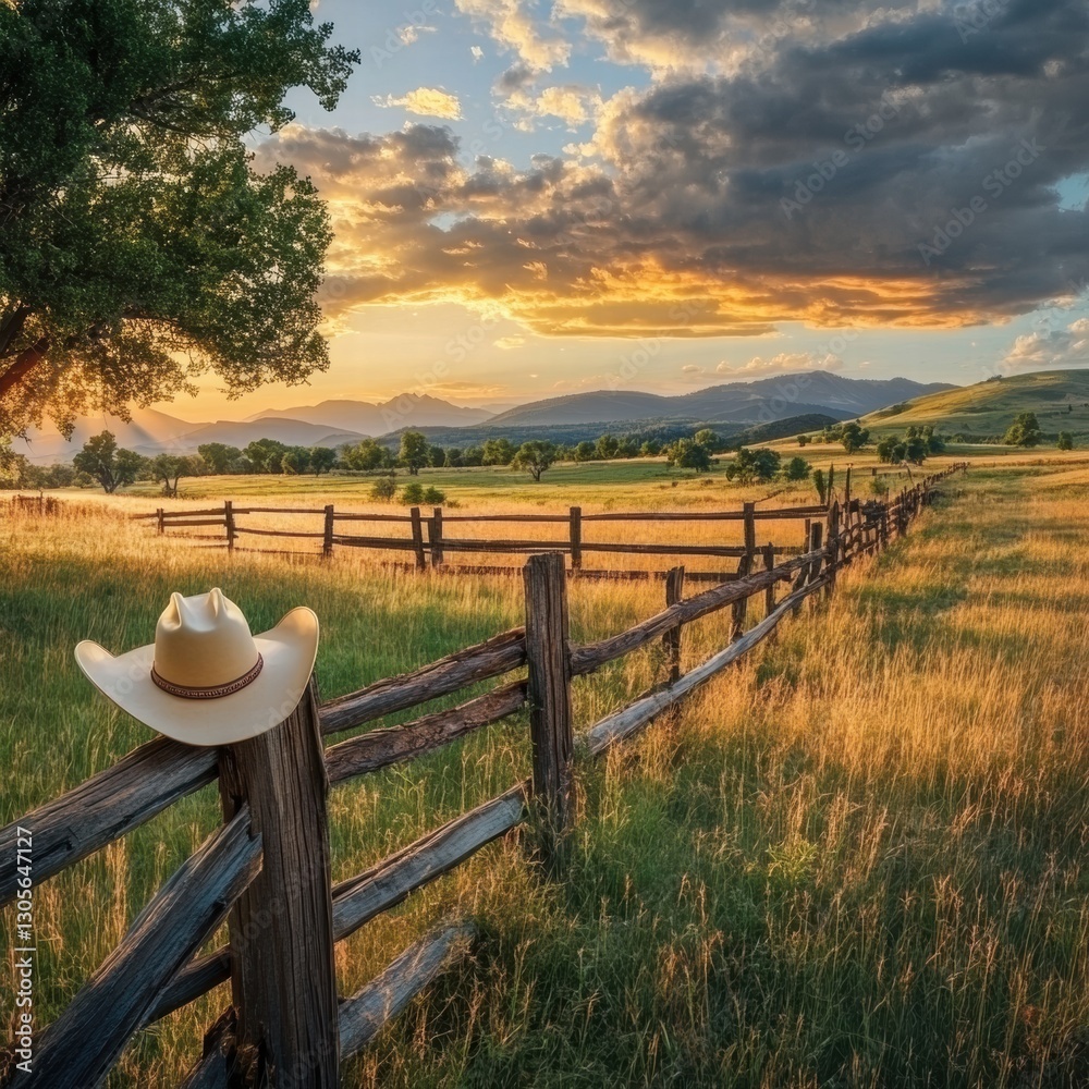 Aufkleber sunset landscape with cowboy hat resting on a rustic fence in a serene rural setting. generative ai