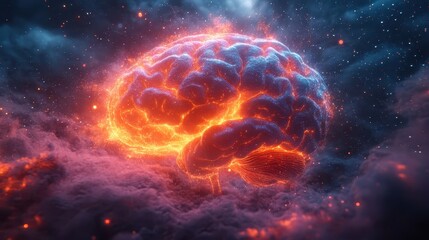 Obraz premium Glowing brain in cosmic nebula with fiery energy
