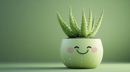 Cute aloe vera plant in a smiling pot on a green background