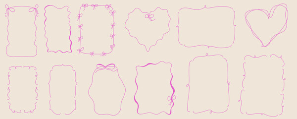 Set of handdrawn frames with decorative bows and hearts, perfect for invitations, greeting cards, or scrapbook design. Vector illustration