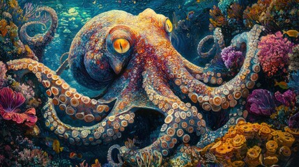 Vibrant octopus in colorful coral reef.