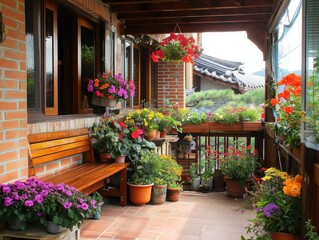 A beautiful porch decorated with blooming flowers and greenery