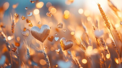 Golden hearts float in a sunlit field of wheat. Romantic, dreamy atmosphere.