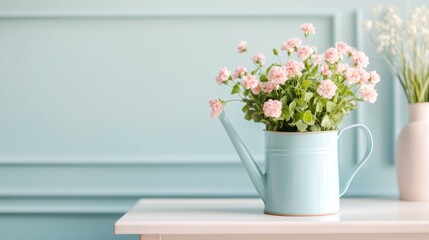 Fototapeta premium Pastel pink flowers in a light blue watering can on a white table.