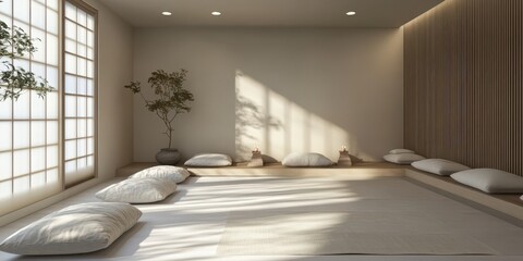 A serene and minimalist meditation room filled with natural light