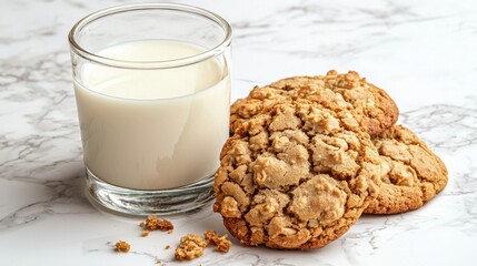 Enjoying cold milk with warm cookies on a marble countertop in a cozy setting