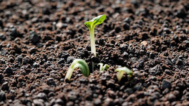 Close-up video shot of young green seedlings emerging from dark, textured soil, capturing the essence of growth and renewal from a low angle.