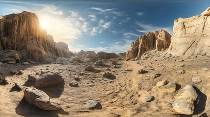 Desert canyon with stratified rock formations in 360-degree HDRI panorama, equirectangular VR environment
