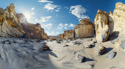 Desert canyon with stratified rock formations in 360-degree HDRI panorama, equirectangular VR environment