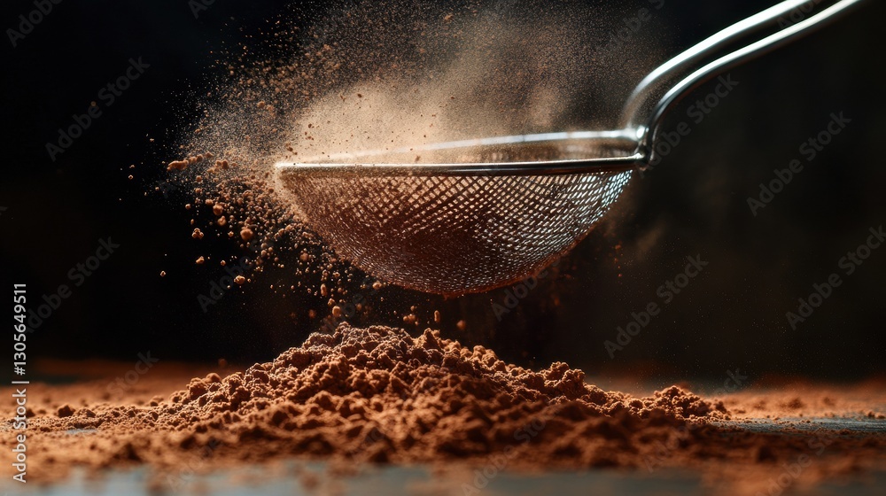 Poster Sifting cocoa powder in a kitchen setting with warm lighting and a focus on texture and detail during a baking session. Generative AI