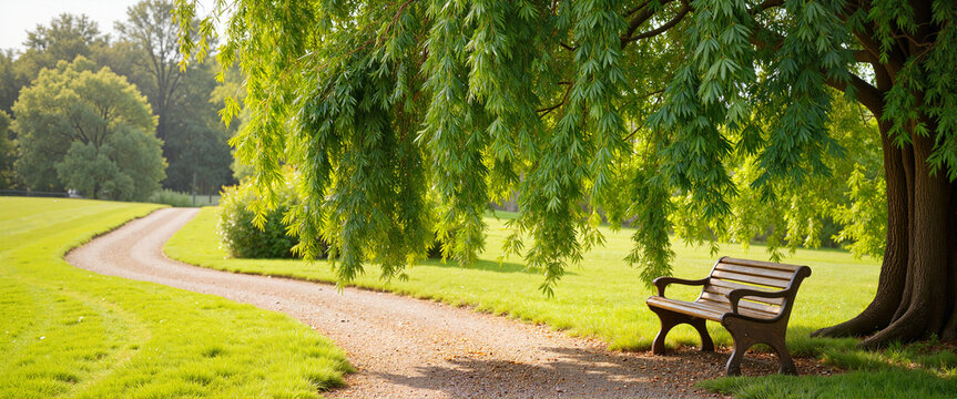Tranquil garden path lined with weeping willow branches, morning serenity - Powered by Adobe