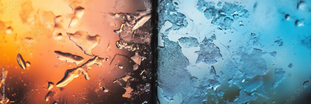 Poster Textures of frost contrasting with warmth on a window during early morning. Generative AI