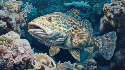 Close-up of a grouper swimming amidst vibrant coral reef.