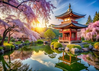 Fototapeta premium Springtime Serenity: Cherry Blossoms, Pagoda, and Garden Delights