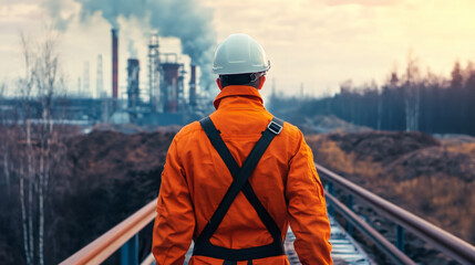 Fototapeta premium Engineer wearing orange overall and white helmet walking on bridge towards polluting factory at sunset