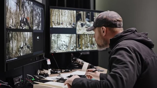 Production crew member wearing a baseball cap reviews multiple camera angles displayed on monitors, meticulously taking notes during a film production