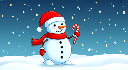 Fototapeta premium cheerful snowman wearing a Santa hat and a red scarf, holding a candy cane