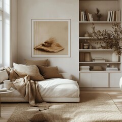 A living room presents a cozy interior design composition beautifully