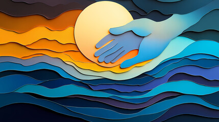 Layered paper cut style abstract art depicting the symbolic journey of addiction recovery and growth with overlapping hands representing helping support. Hope - Sunrise. Illustration