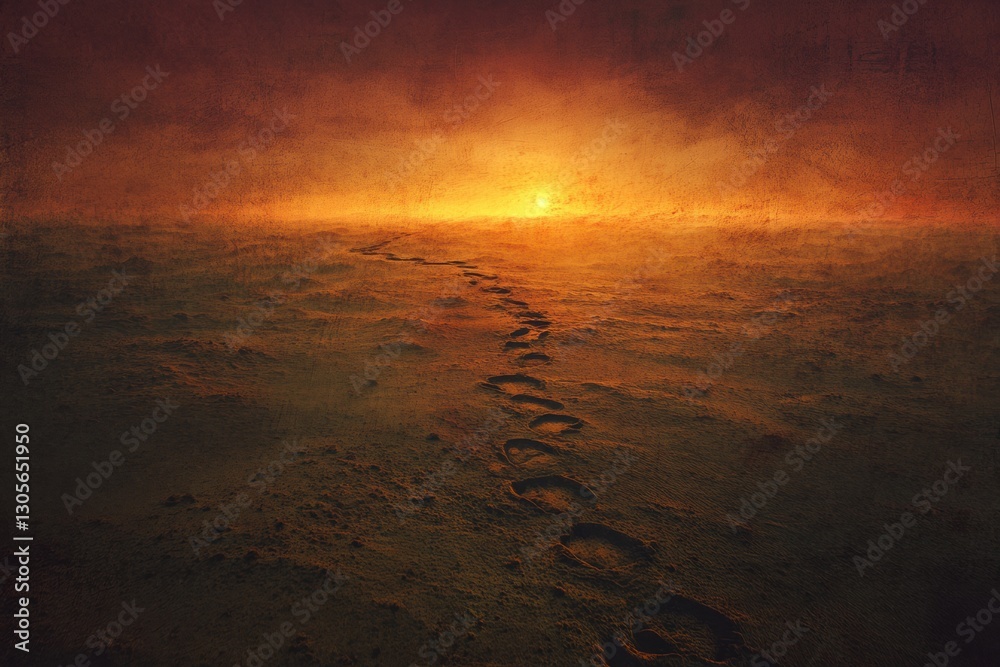 Poster footprints mark a sandy path towards a glowing sunset in a serene landscape at dusk. generative ai