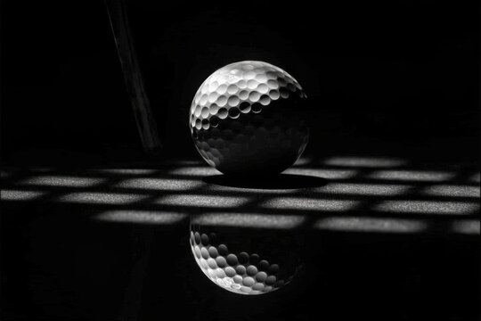 Minimalist view of a golf ball illuminated by a spotlight against a black background