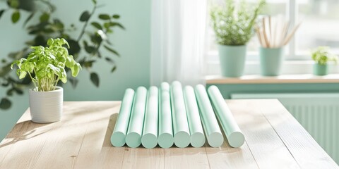 Green cylinders are arranged on a wooden surface near plants