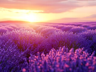 Obraz premium An endless field of lavender flowers glowing in warm sunrise