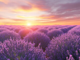 Obraz premium An endless field of lavender flowers glowing in warm sunrise