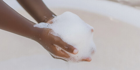 Fototapeta premium African child's hands holding sudsy foam over a bathtub