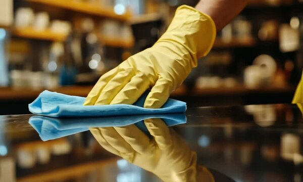 Cleaning a cafe counter with a blue cloth and yellow gloves. Hygiene, sanitation, and cleanliness in a food service establishment.