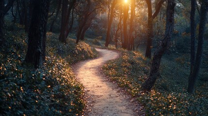 Obraz premium Winding path through sunlit forest at sunset.