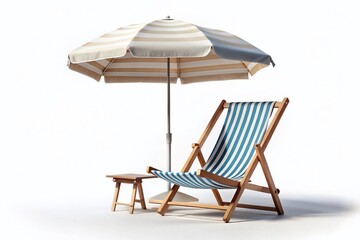 Summer Beach Relaxation: Empty Chair & Umbrella on White Background