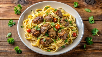 Top-view of linguine pasta with crispy fried chicken liver, rich in flavor and perfectly plated