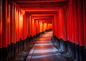 Sunlit Red Column Corridor: Ethereal Macro Architecture Photography