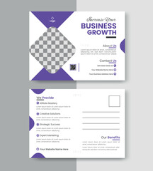 corporate marketing agency business purple postcard design with abstract shape editable premium vector