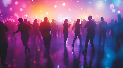 Dynamic party scene with dancing figures under colorful lighting effects