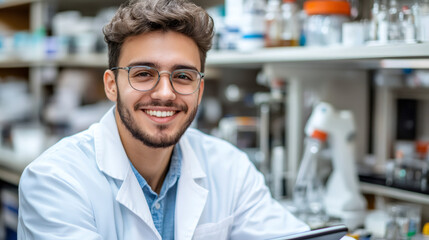 Smiling female scientist analyzing research data on tablet, working in high-tech medical laboratory with advanced scientific equipment