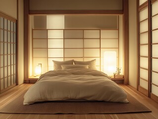 A beautifully illuminated and serene bedroom interior creates a calm ambiance