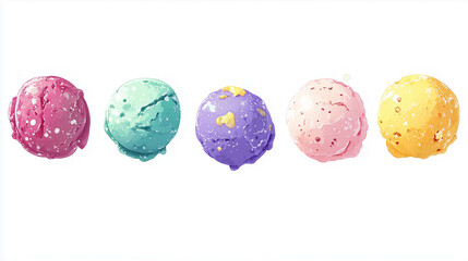 Obraz premium Colorful scoops of ice cream on a white background.