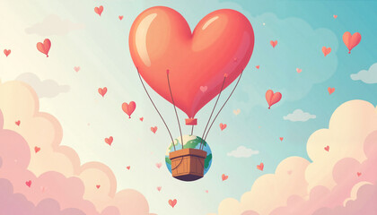 Heart-shaped balloon carrying the world in a dreamy sky, love and hope