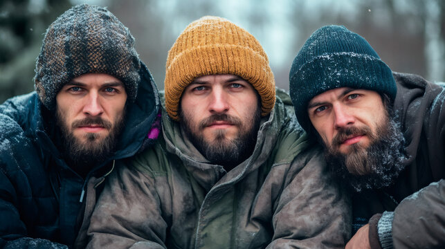 Three lumberjacks with frozen beards are wearing winter clothes and beanies while huddling together in the snow