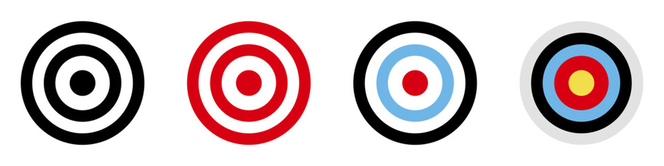 Target set. Several different targets. Aiming on point. Bulls eye. Different colours. Circular design. Success target. Achieve goals. Business concept.