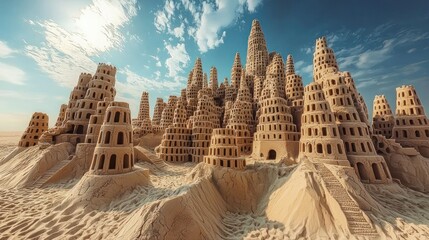 Intricate sandcastle city skyline under a bright sun.