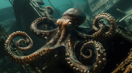 Obraz premium An octopus coiled around an old shipwreck