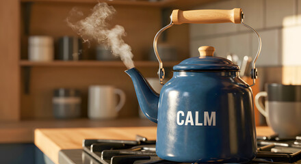 Blue Kettle with Wooden Handle on Stove in Kitchen
