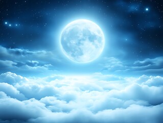 A bright full moon illuminates a dark starry night sky