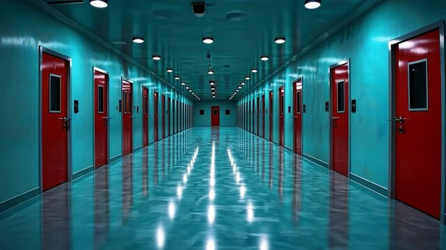 Intense visuals of a re-education center with prisoners undergoing brainwashing under bright, flashing lights.