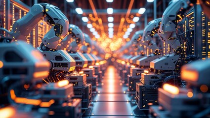 Robotic arms working in a futuristic factory during an automated production process