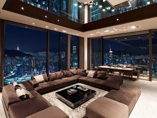 Obraz premium A luxurious living space with cityscape views at night