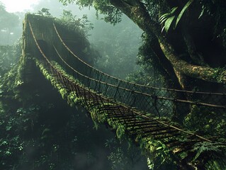 An old moss-covered suspension bridge